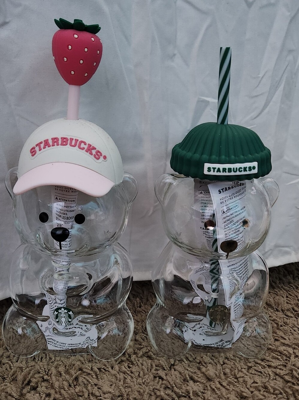 Starbucks Clear Bear Tumbler Duo with Pink and Green Hats